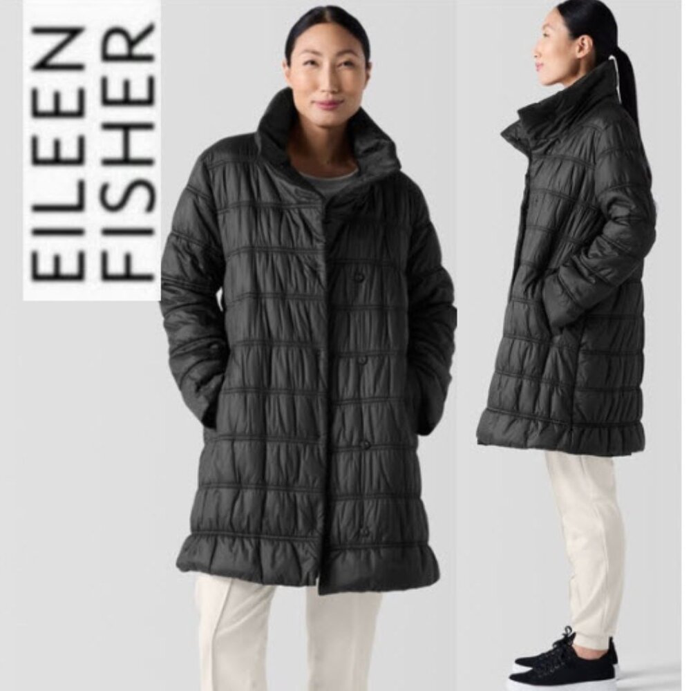 Eileen Fisher Black Stand Collar Puffer Coat Down Feathers Size 10